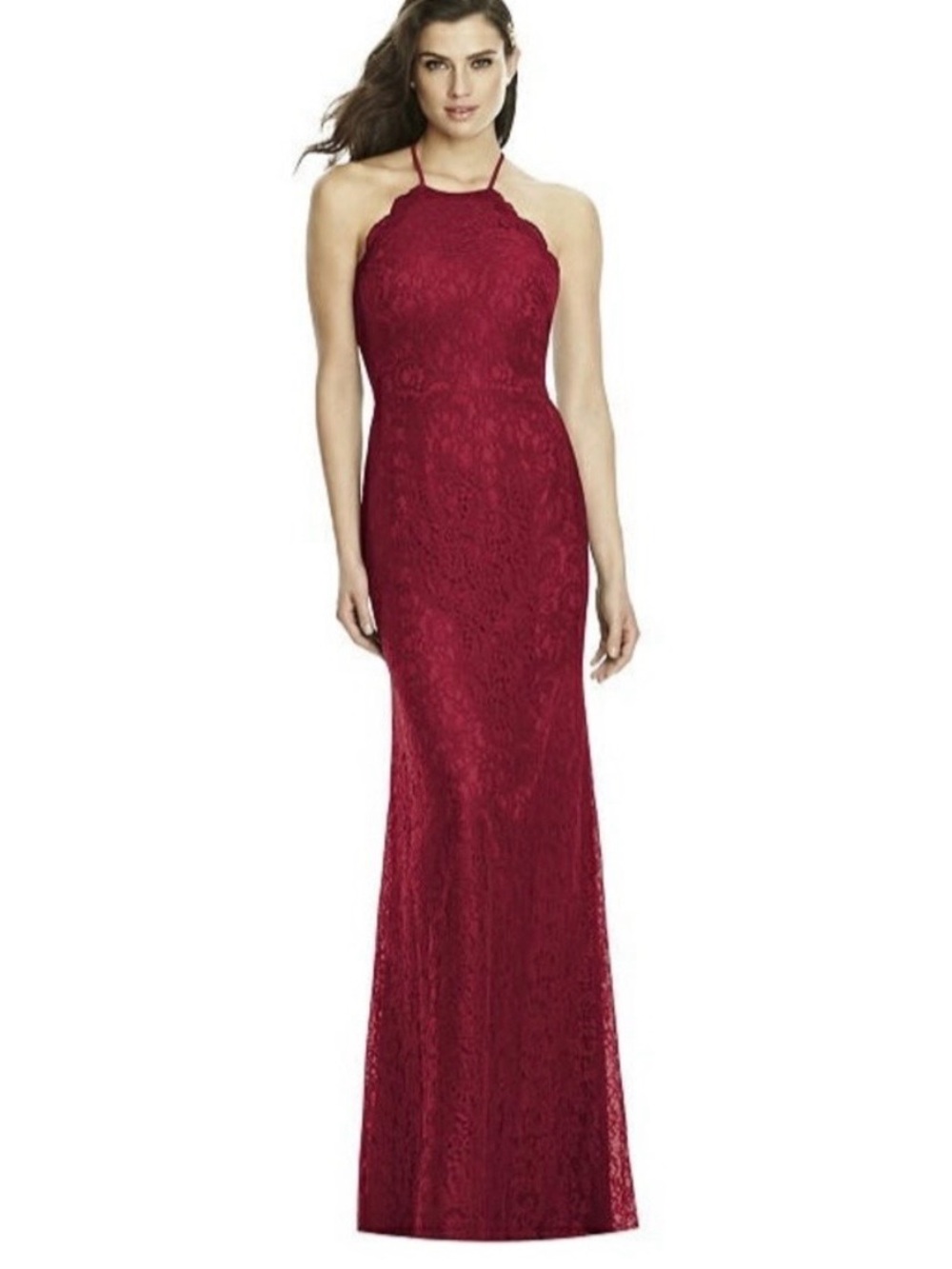 Dessy Collection Burgundy Merlot Criss Cross Back Lace Halter Dress